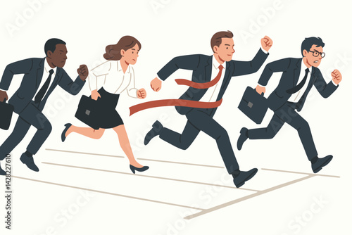 Business competition concept vector illustration shows diverse professionals in suits running a race to success, striving for the finish line, symbolizing achievement and winning.