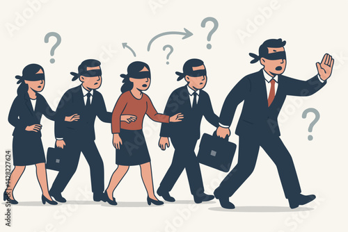 Blindfolded business group follows leader without direction. Flat vector illustration symbolizing corporate uncertainty, poor strategy, risk management failure, and groupthink.