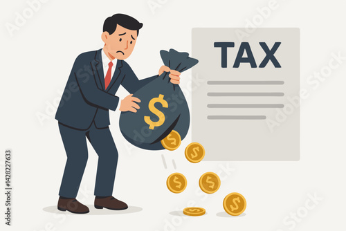 Tax burden concept illustration shows upset businessman losing gold coins from money bag with hole, symbolizing financial drain, expenses, debt, and paying taxes.