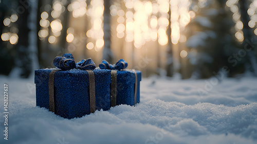 Blue Gift Boxes on Snowy Ground in Forest with Soft Background Light