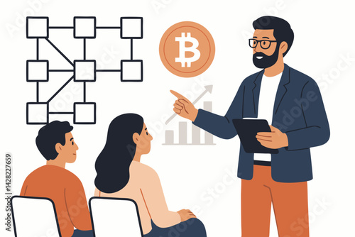 Bearded financial advisor presents blockchain technology fundamentals and Bitcoin cryptocurrency growth analysis during a corporate training session with attendees vector illustration.