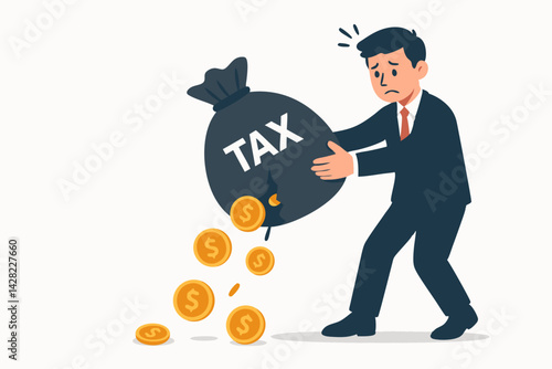 Financial burden concept: Anxious businessman character holding a leaking tax bag losing dollar coins. Vector illustration showing money drain, high taxes, and economic pressure.