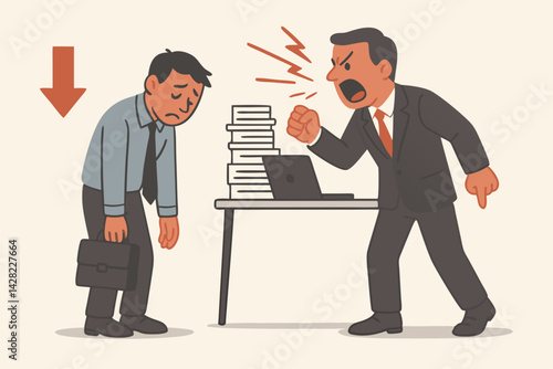 Furious manager shouting at dejected employee holding briefcase, vector illustration depicting office conflict, job dismissal, workplace reprimand, career failure, and stress.