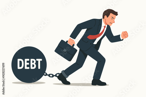 Determined businessman struggling forward, burdened by a heavy ball and chain representing financial debt, symbolizing economic hardship, credit problems, and bankruptcy risk.