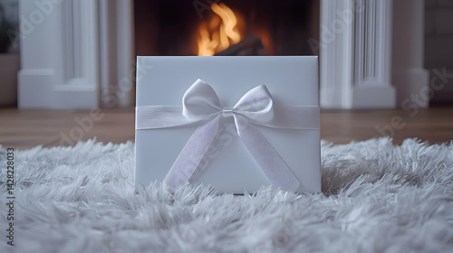Elegant White Gift Box with Ribbon in Cozy Living Room Setting