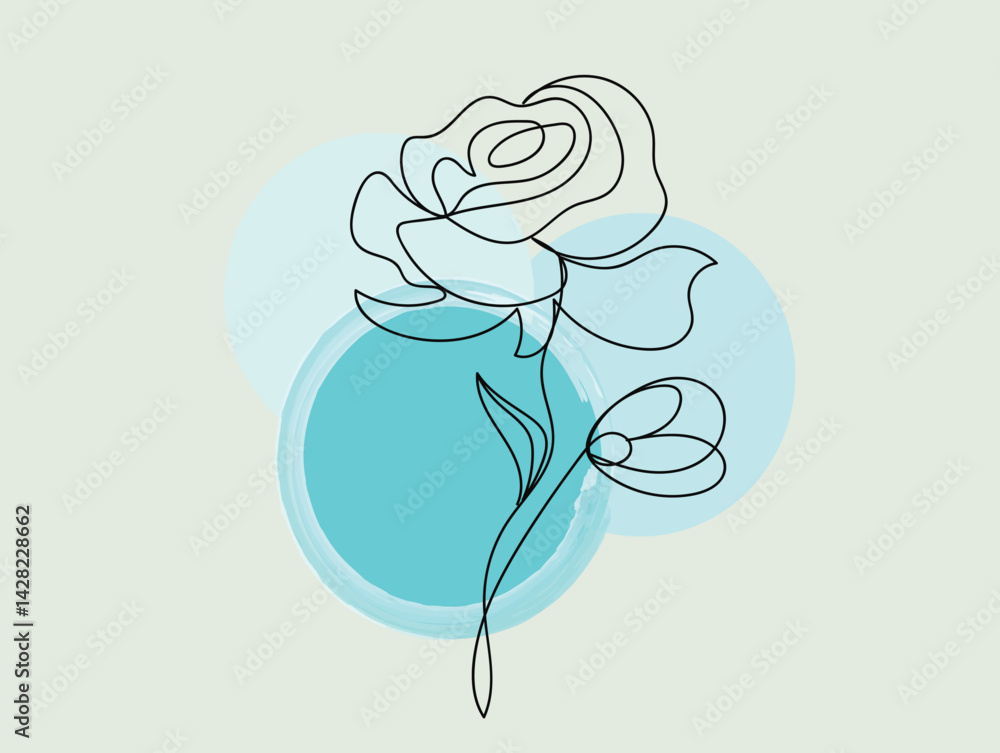 Elegant Single Line Rose Drawing with Abstract Blue Watercolor Circles Elegant Single Line Rose Drawing with Abstract Blue Watercolor Circles