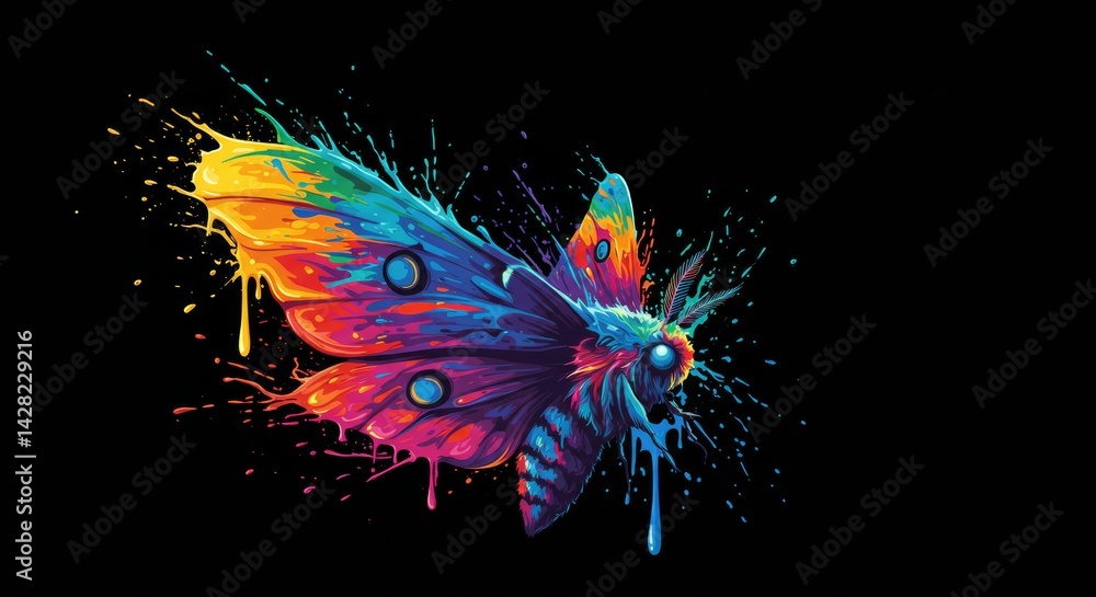Fototapeta Vibrant moth silhouette with dripping rainbow paint on stark black canvas
