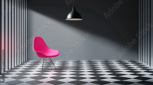 A minimalist interior featuring a pink chair and pendant light in a checkerboard floor setting.