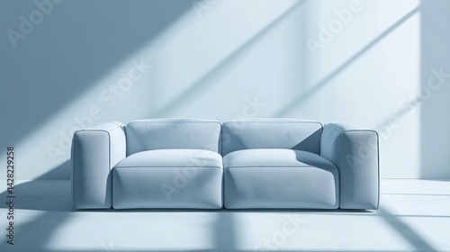 A minimalist blue sofa in a bright, shadowed room, emphasizing simplicity and comfort.