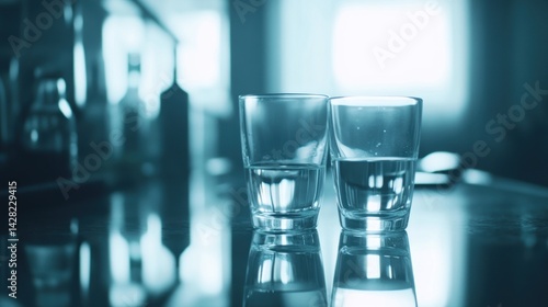 Two glasses of water reflecting light on a table, creating a serene atmosphere.