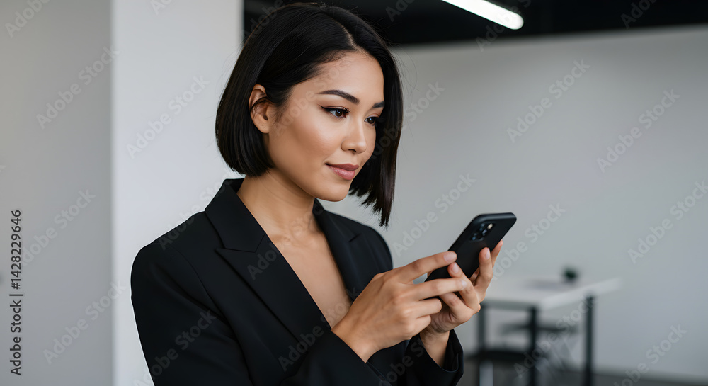 Smiling Asian Businesswoman Using Smartphone in Office
Smiling Asian Businesswoman Using Smartphone in Office