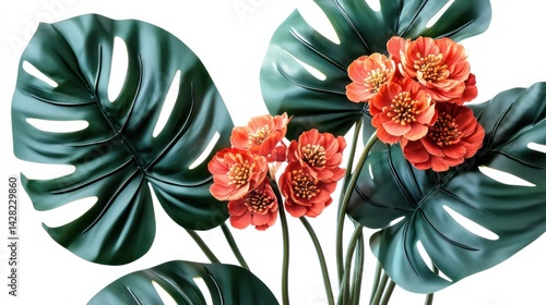 A vibrant arrangement of tropical leaves and flowers against a white background.