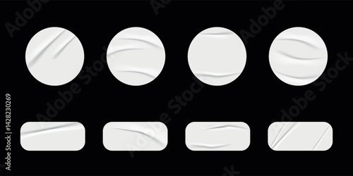 Crumpled white paper sticker set. Wrinkled glued labels different shapes and forms.