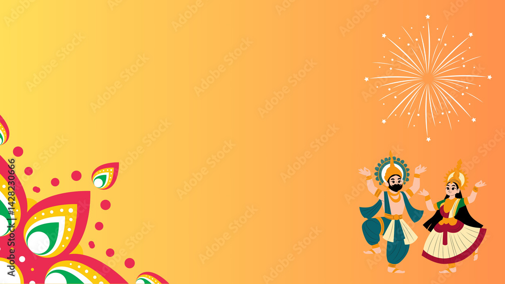 Obraz premium Colorful illustration of Tamil New Year celebration with traditional elements like mango leaves, kolam, and fruits. Perfect for festival, cultural, and seasonal design themes.