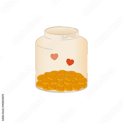 Glass jar with gold coins for donation, endowment or tip with hearts as gratitude. Cash, budget, savings or fund. Vector illustration isolated on light background.