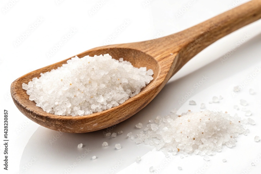 Pure Sea Salt Minimalist Flatlay: A pristine, upscaled image showcasing sea salt in a light wooden spoon. Perfect for culinary, health, beauty, and lifestyle branding. Elegant, clean aesthetic for