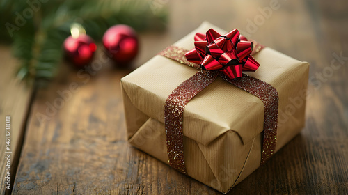 Gift Wrapped Present with Red Bow and Christmas Ornaments on Table
