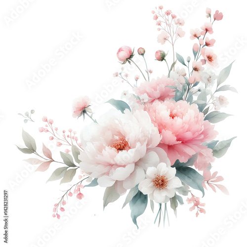 Fototapeta Naklejka Na Ścianę i Meble -  Soft minimalist watercolor illustration, Bouquet of flowers, Pink peonies, floral border with transparent background. For use in invitation or wedding cards