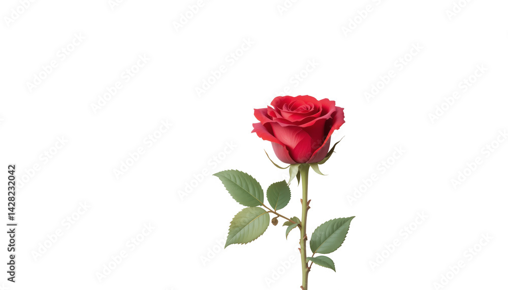 Fototapeta premium Watercolor illustration of a vibrant red rose with green leaves on a transparent background. Concept of beauty and nature in floral design.