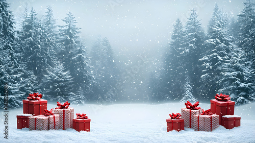 Festive Christmas Gift Boxes Surrounded by Snowy Winter Landscape