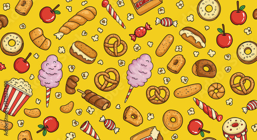 Whimsical confectionery delight seamless pattern on a cheerful yellow backdrop