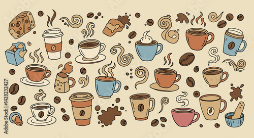 Hand-drawn coffee cups and beans, a warm and comforting beverage themed background