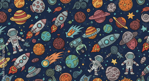 Playful space exploration backdrop with planets, rockets, and astronauts cartoons