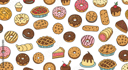 Whimsical dessert background featuring an array of donuts, pies, cookies, and pastries