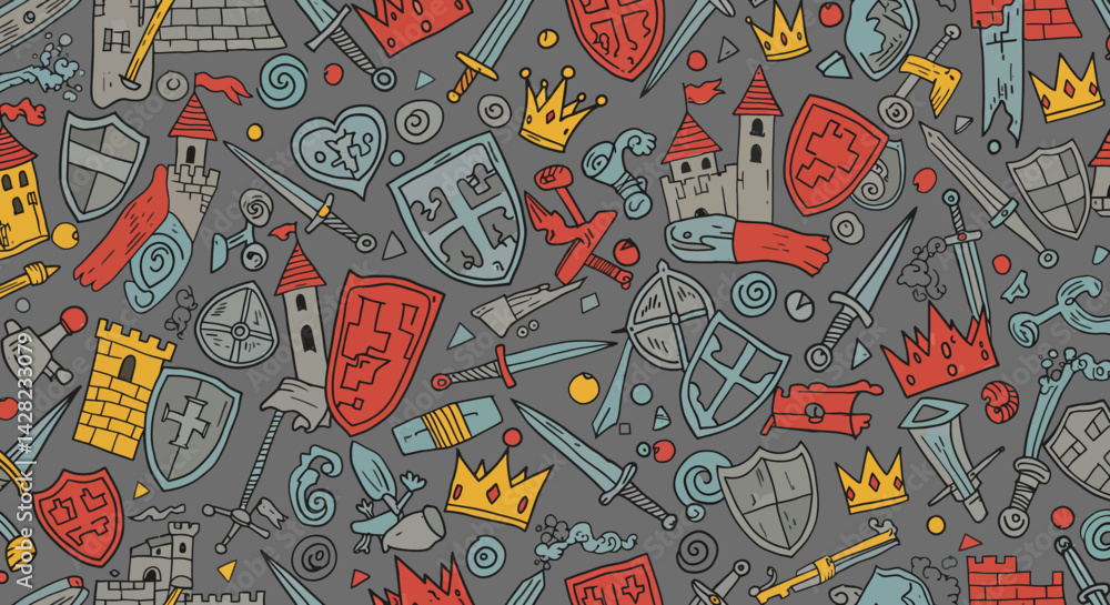 Medieval themed background with swords shields crowns and castles for game design Medieval themed background with swords shields crowns and castles for game design