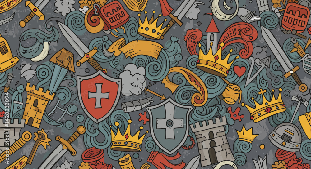Medieval Era Doodle Background: Hand-Drawn Kingdom Elements in Seamless Pattern Medieval Era Doodle Background: Hand-Drawn Kingdom Elements in Seamless Pattern
