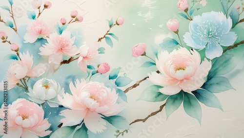dreamy watercolour illustration of an intricate Japanese-style floral pattern.1