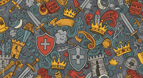 Medieval Era Doodle Background: Hand-Drawn Kingdom Elements in Seamless Pattern