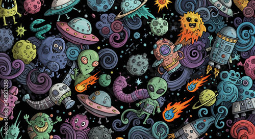 Cartoonish depiction of outer space adorned with amusing aliens and spacecrafts