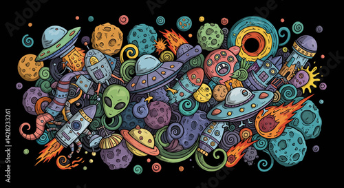 Doodle Universe: Whimsical Cartoon Space Adventure with Planets and Spaceships
