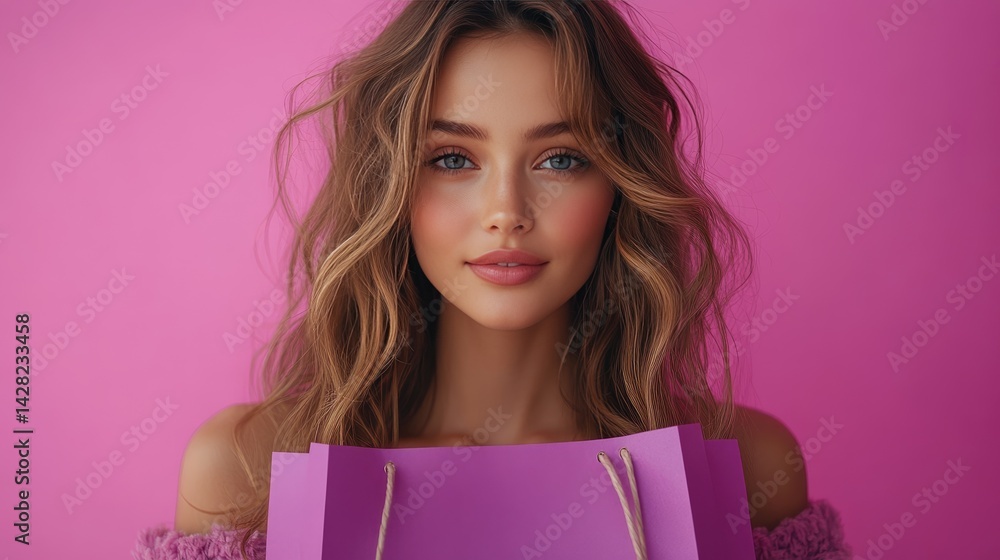 A woman smiles while holding a blank purple paper shopping bag against a vivid pink background, showcasing its realistic details and texture