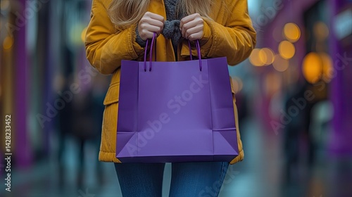 A woman stands confidently holding a purple paper shopping bag in a bustling urban environment filled with people and colorful storefronts