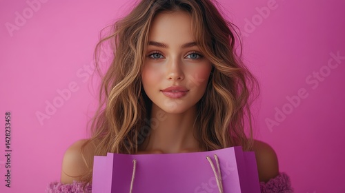 Obraz na płótnie A woman smiles while holding a blank purple paper shopping bag against a vivid pink background, showcasing its realistic details and texture w salonie