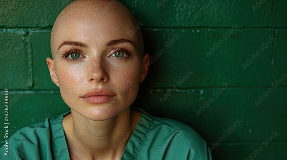 A bald woman in a green hospital gown gazes thoughtfully upward, her striking green eyes highlighted by soft lighting and a solid green background