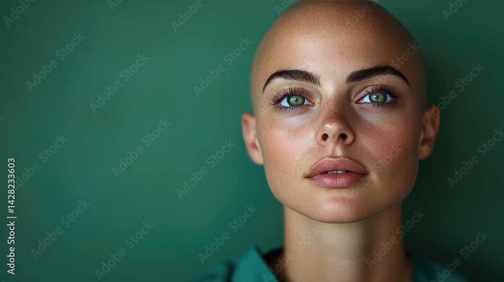 A bald woman with striking green eyes wears a green hospital gown, her thoughtful expression captured against a solid green background