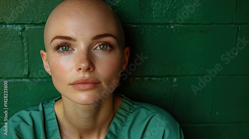Obraz na płótnie A bald woman in a green hospital gown gazes thoughtfully upward, her striking green eyes highlighted by soft lighting and a solid green background w salonie