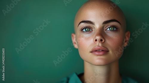 Obraz na płótnie A bald woman with striking green eyes wears a green hospital gown, her thoughtful expression captured against a solid green background w salonie
