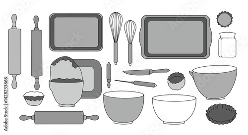Monochromatic kitchenware still life with baking preparation background