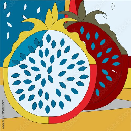 A hyper-realistic cross-section of a dragon fruit, with glowing seeds and vivid texture.