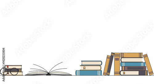 Arrangement of book stacks with eyeglasses and an open book on white backdrop