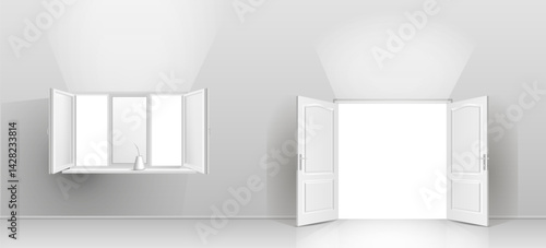 White plastic window frame and entrance door on a neutral background. Realistic open window with slopes and window sill, office. Template layout for interior design. Vector illustration
