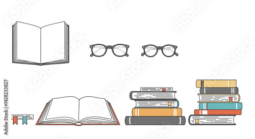 Minimalist scholarly scene with open books, eyeglasses and organized literature
