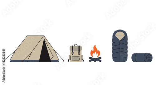 Camping essentials minimal design with tent, backpack, fire and sleeping equipment