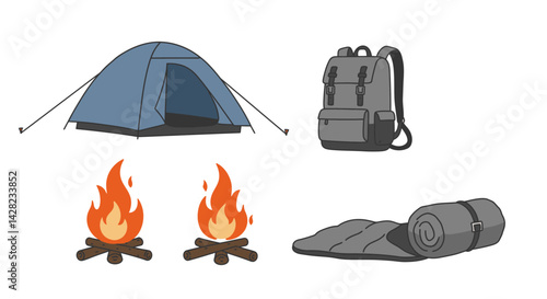 Camping essentials isolated illustration: tent, backpack, sleeping bag and bonfire setup