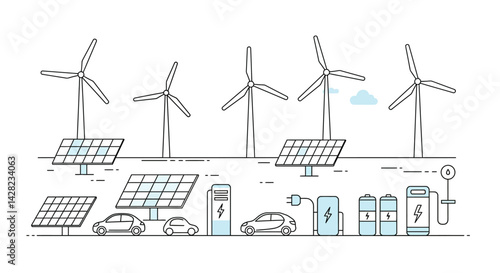 Line illustration showcasing sustainable energy resources with electric vehicles