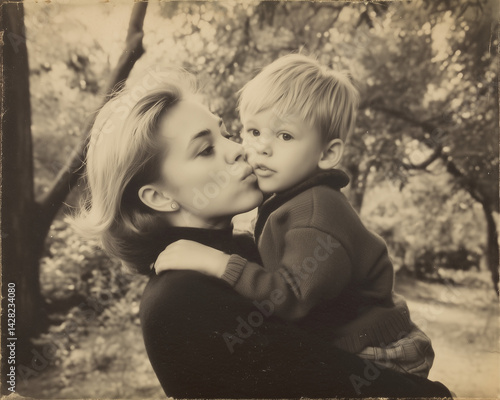 mother holding child in garden, vintage black and white photo, old and faded	1960s mom
